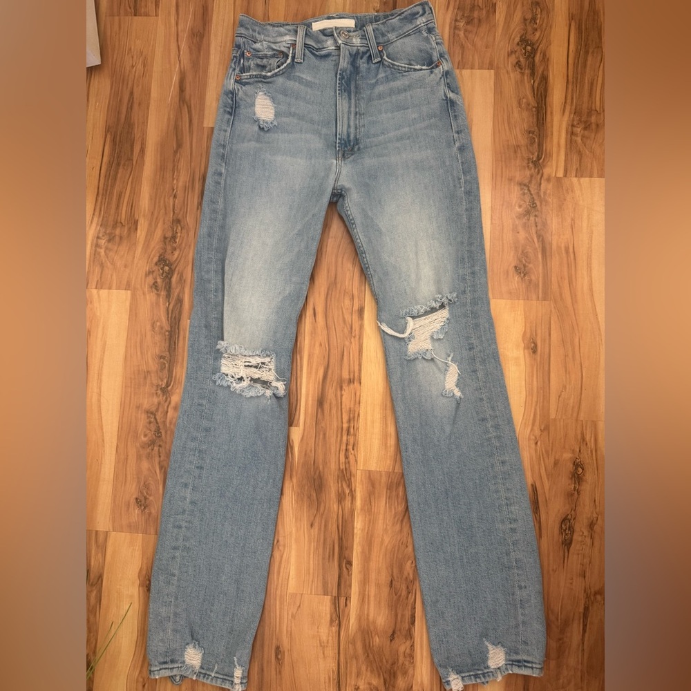 MOTHER Light Blue Distressed Straight Leg Jeans